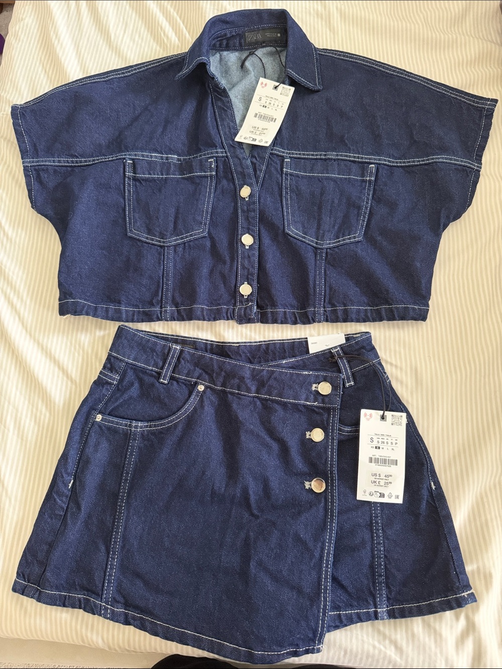 NWT Zara Z1975 Dark Wash Denim Shirt & Wrap Skort Set Size S